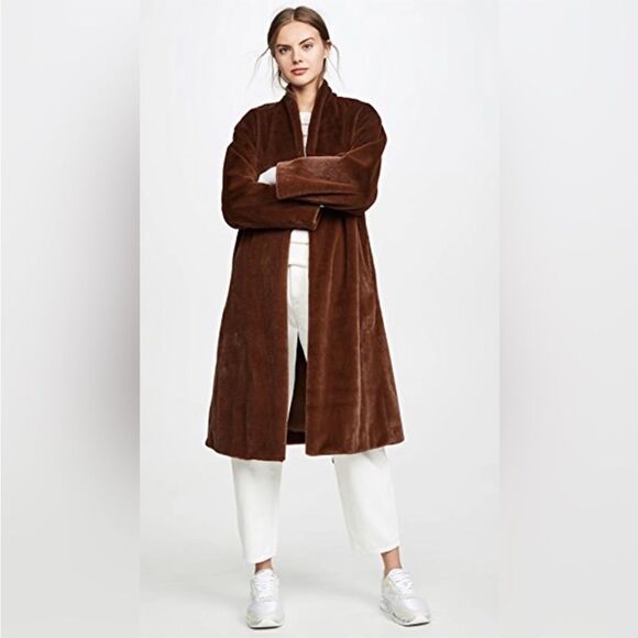 Vince X Revolve Faux Fur Mahogany Brown Belted Coat Ultra Chic Soft Quiet Luxury - Picture 3 of 14
